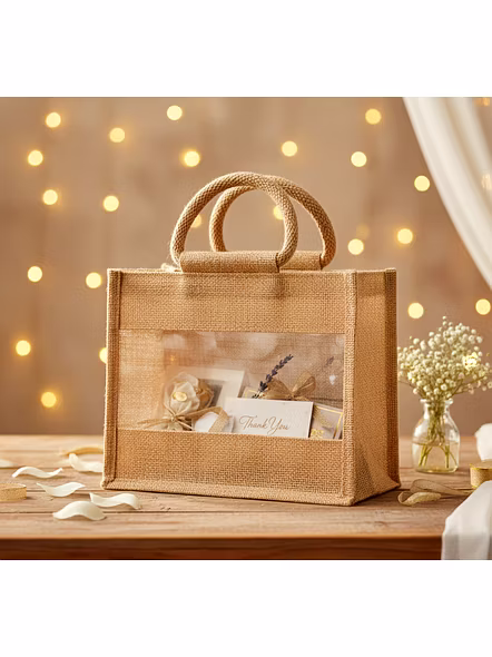 Jute Bag Manufacturer – Jute PVC Bag use for gifting and wedding presents Size - W 14 x H 12 x G 5 | Jute bag manufacturer Reusable carry bag for B2B Importers, Wholesalers and Distributors