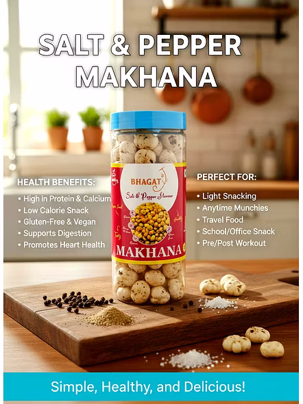 Flavored Makhana Wholesale &amp; Retail – Bhagat Makhana – Salt &amp; Pepper (Weight - 85gm) | Flavoured makhana wholesale Flavoured makhana snacks for B2B Importers, Wholesalers and Distributors