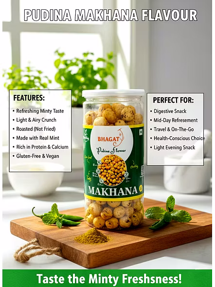 Flavored Makhana Wholesale &amp; Retail – Bhagat Makhana – Pudina (Weight - 85gm) | Flavoured makhana wholesale Flavoured makhana snacks for B2B Importers, Wholesalers and Distributors – Bhagat Brothers
