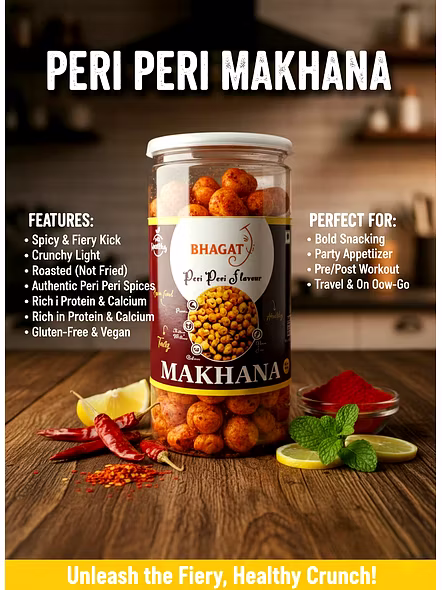 Flavored Makhana Wholesale &amp; Retail – Bhagat Makhana – Peri Peri (Weight - 85gm) | Flavoured makhana wholesale Flavoured makhana snacks for B2B Importers, Wholesalers and Distributors