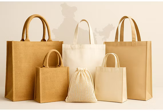 Eco-friendly jute, canvas, mesh, and laminated bags from India displayed together, representing Bhag