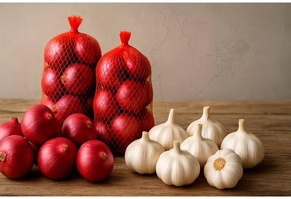 Fresh red onions and white garlic from India arranged with mesh bags and an India map backdrop, repr