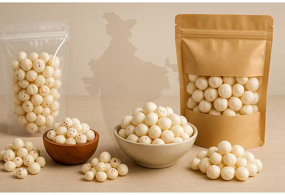 Premium white Makhana of various sizes displayed with subtle India map background, representing Bhag