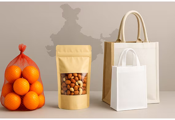 Mesh produce bags, pouch bags, and reusable grocery bags from India arranged together, representing