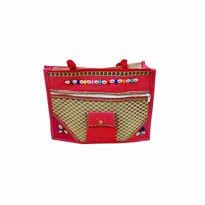 puri handicraft pink harmony kaudi designer jute tote bag