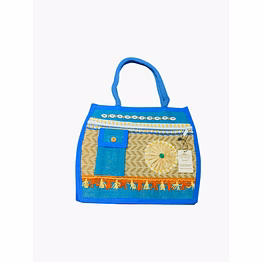 puri handicraft handcrafted blue designer jute tote bag with cowrie shells & mirror work