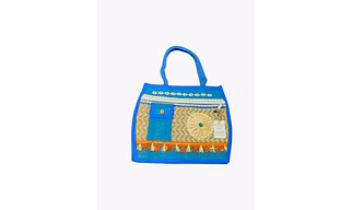 Handcrafted Blue Designer Jute Tote Bag with Cowrie Shells & Mirror Work