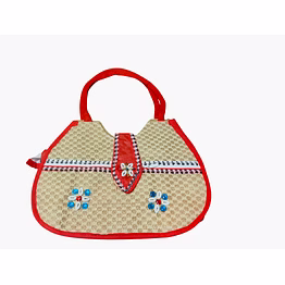 puri handicraft handmade blue ethnic jute tote bag with cowrie shells & embroidered accents