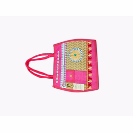 puri handicraft handcrafted pink ethnic jute tote bag with embroidery & shell work