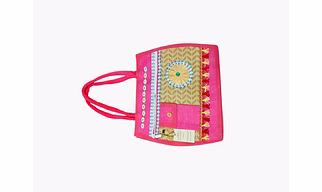 Handcrafted Pink Ethnic Jute Tote Bag with Embroidery & Shell Work