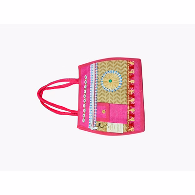 puri handicraft handcrafted pink ethnic jute tote bag with embroidery & shell work