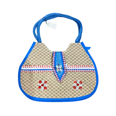 puri handicraft handcrafted blue designer jute shoulder bag with shell & sequin embellishments