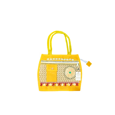 puri handicraft handcrafted yellow ethnic jute tote bag with shell work & embroidery