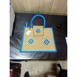 puri handicraft handcrafted blue border jute tote bag with traditional motif & shell embellishments