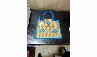 Handcrafted Blue Border Jute Tote Bag with Traditional Motif & Shell Embellishments