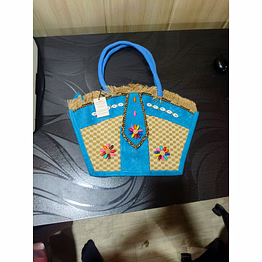 puri handicraft handcrafted blue vintage jute tote bag with fringe & shell flower embroidery