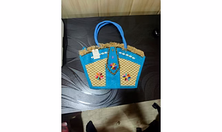Handcrafted Blue Vintage Jute Tote Bag with Fringe & Shell Flower Embroidery