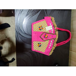 puri handicraft handcrafted pink fringe vintage jute tote bag with floral shell embroidery