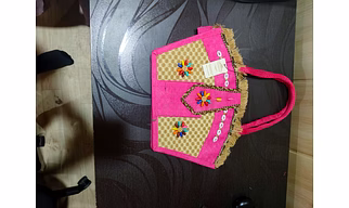 Handcrafted Pink Fringe Vintage Jute Tote Bag with Floral Shell Embroidery
