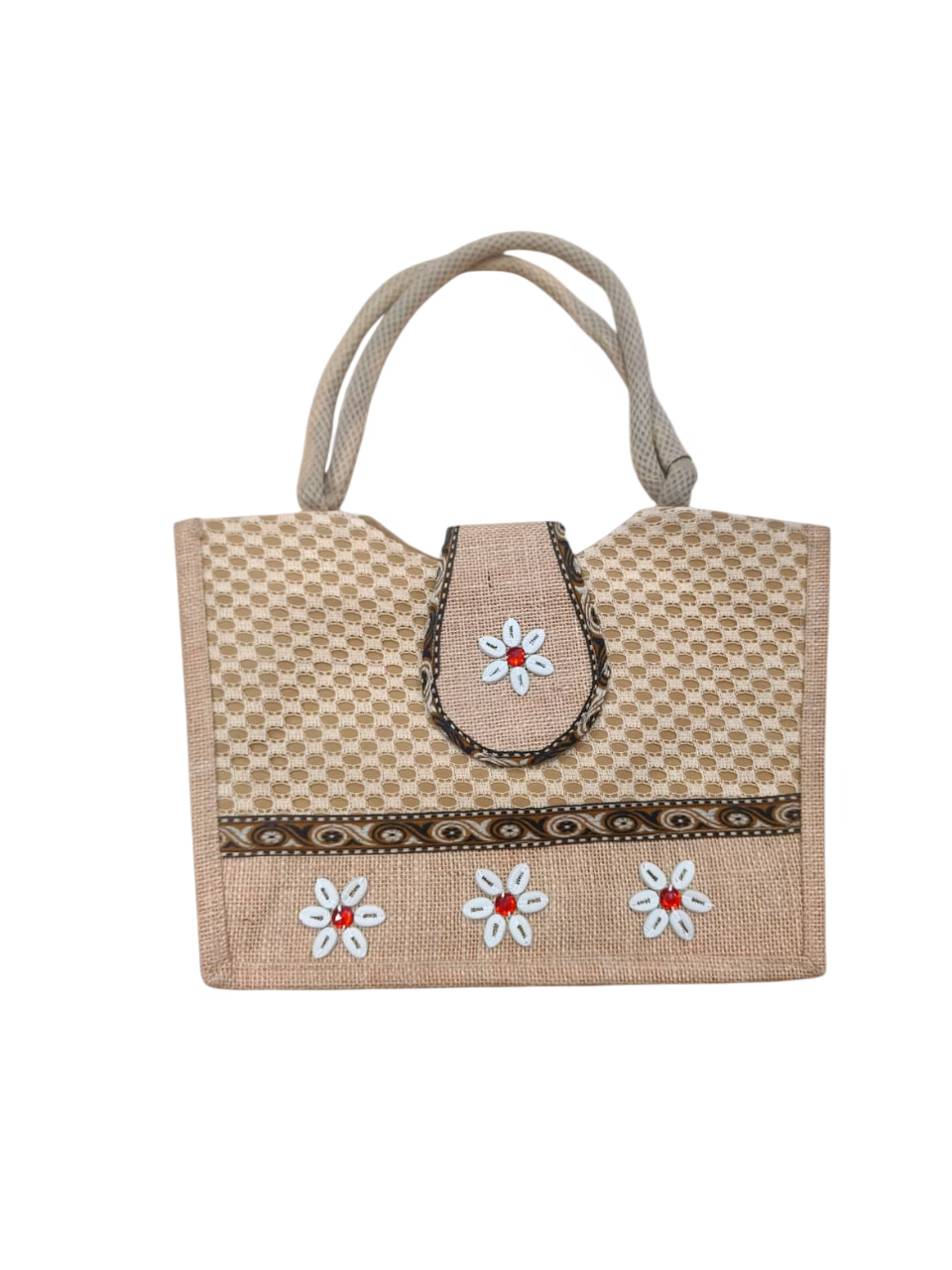 handcrafted jute designer handbag with floral shell work | ethnic eco-friendly ladies tote