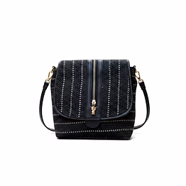 artisan hand-woven charcoal messenger bag – sustainable fabric crossbody with vegan leather accents and gold-tone charms