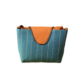 women’s teal woven crossbody handbag with tan vegan leather flap