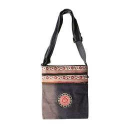 women’s indigo denim crossbody bag with tribal motif & multi-zip compartments
