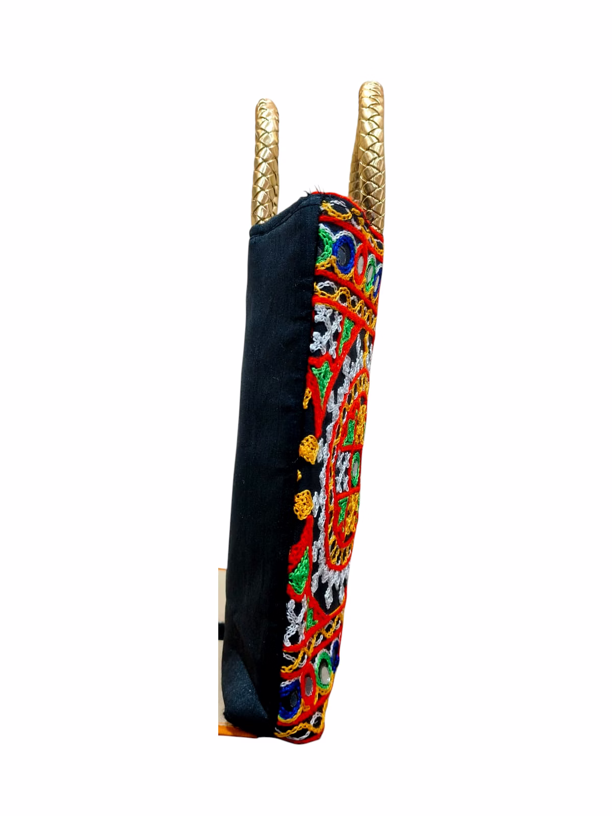 vibrant ethnic hand-embroidered tote with mirror work and braided gold handles