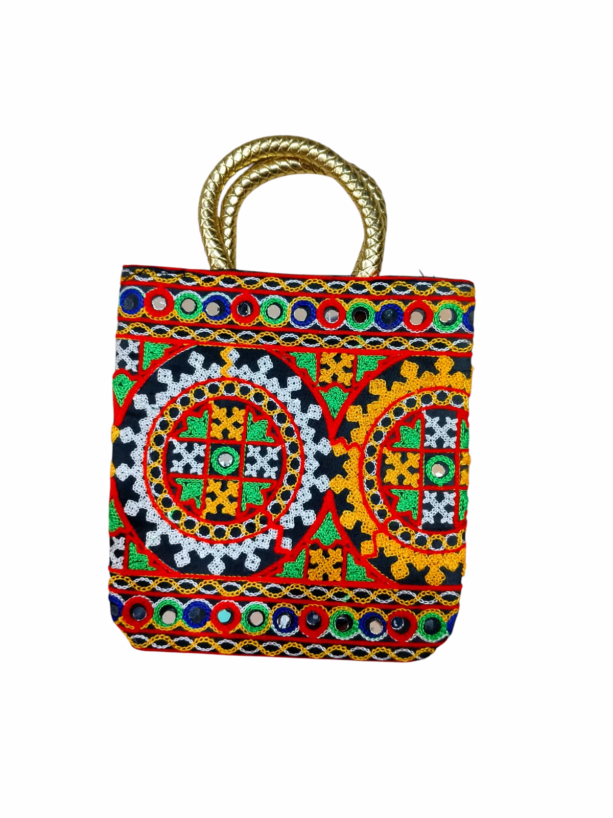 Vibrant Ethnic Hand-Embroidered Tote with Mirror Work and Braided Gold Handles image 3