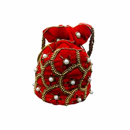 embroidered red velvet potli bag with pearl & zardosi work