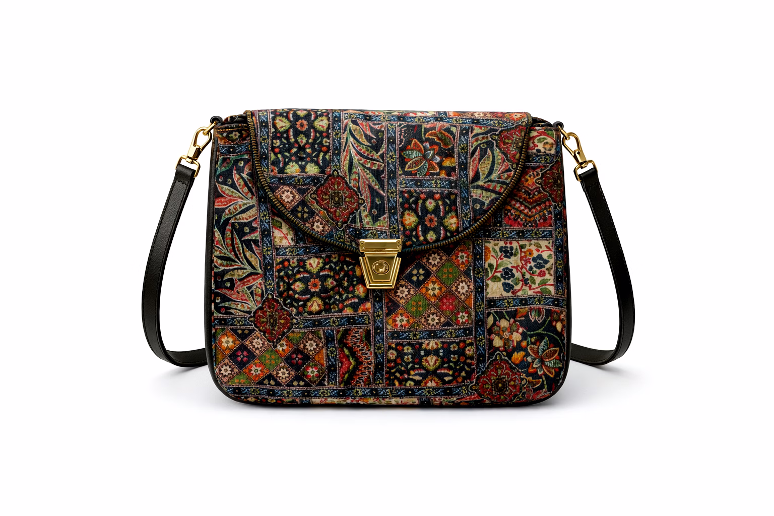 vintage bohemian patchwork tapestry crossbody bag – multicolored floral & geometric print with gold-tone hardware