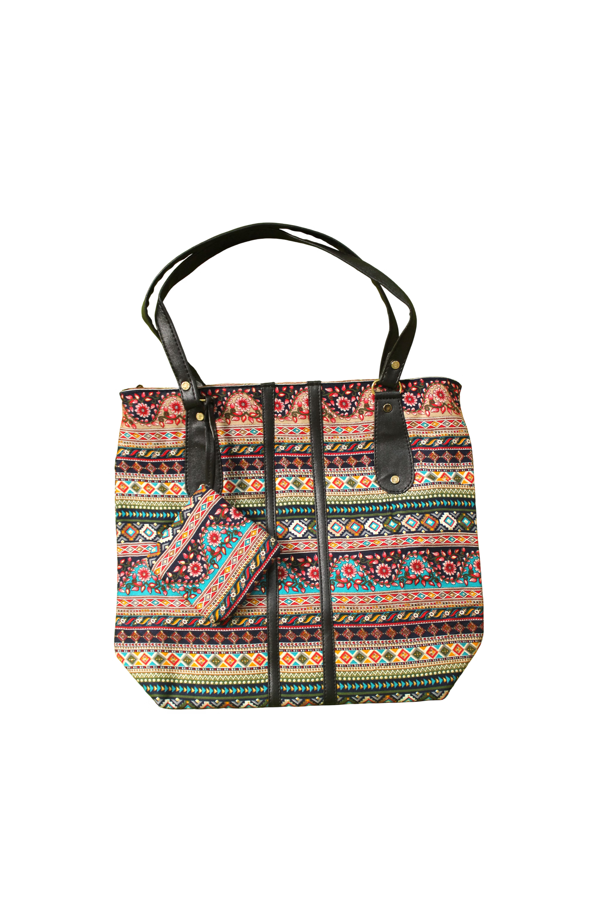 handcrafted bohemian geometric print tote bag with matching utility pouch