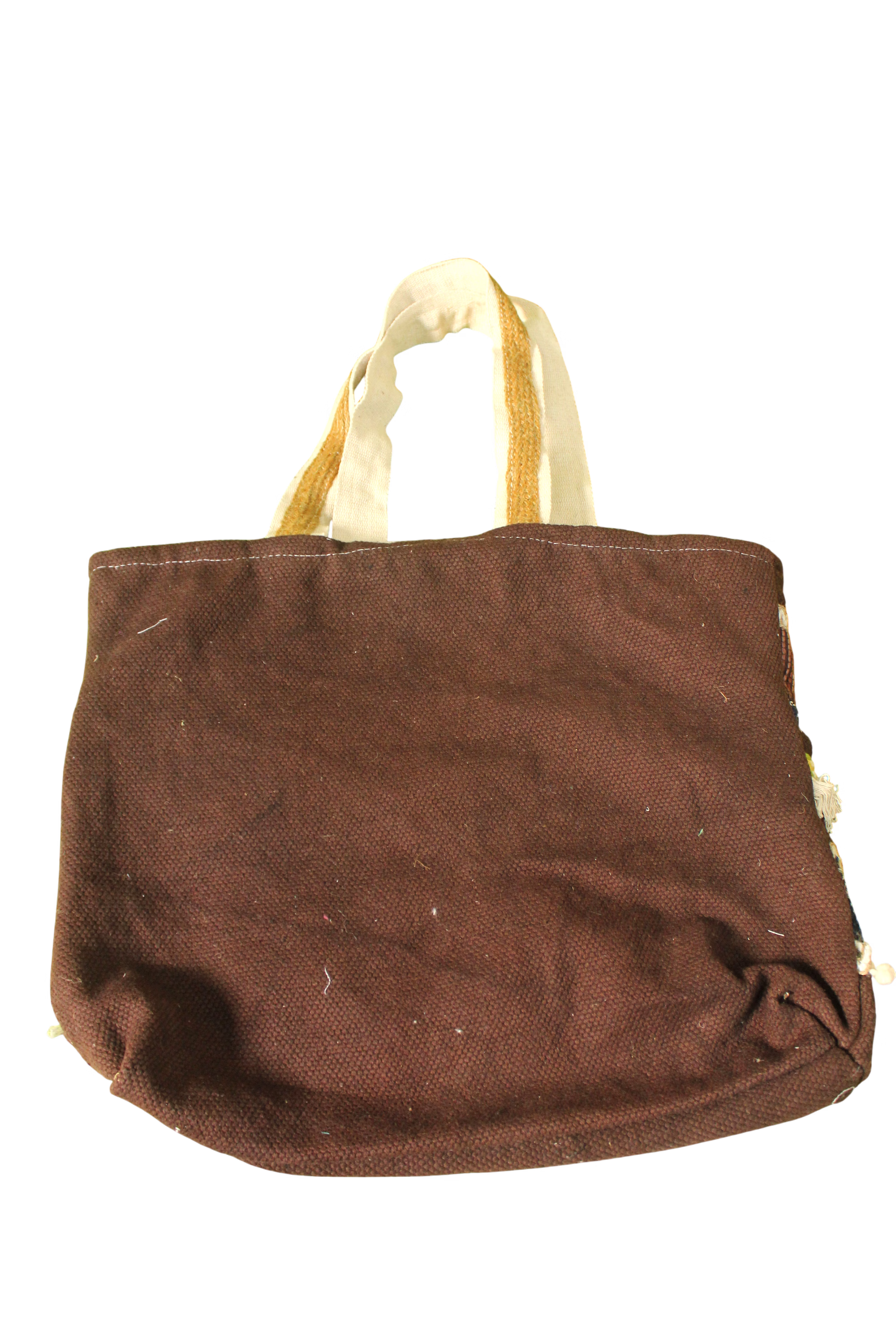Boho-Chic Artisanal Canvas Tote Bag – Hand-Woven Striped Design with Pom-Pom Accents image 3