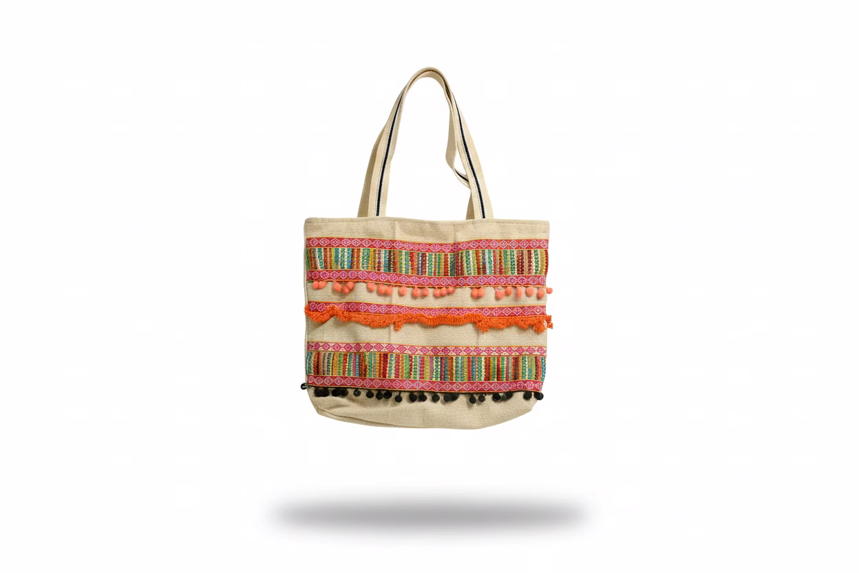handcrafted bohemian canvas tote bag with multi-color tribal embroidery & pom-pom accents