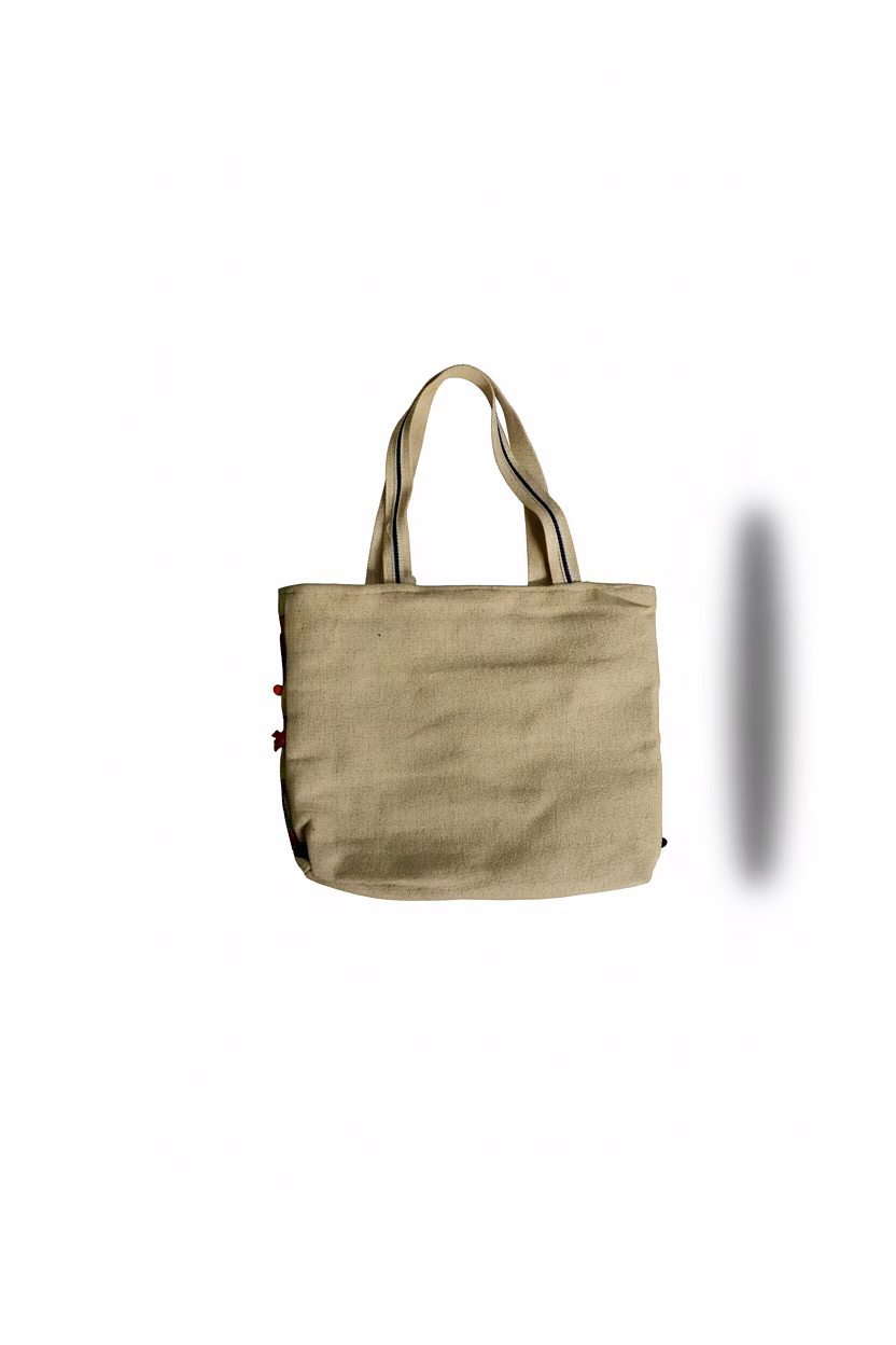Handcrafted Bohemian Canvas Tote Bag with Multi-Color Tribal Embroidery & Pom-Pom Accents image 3