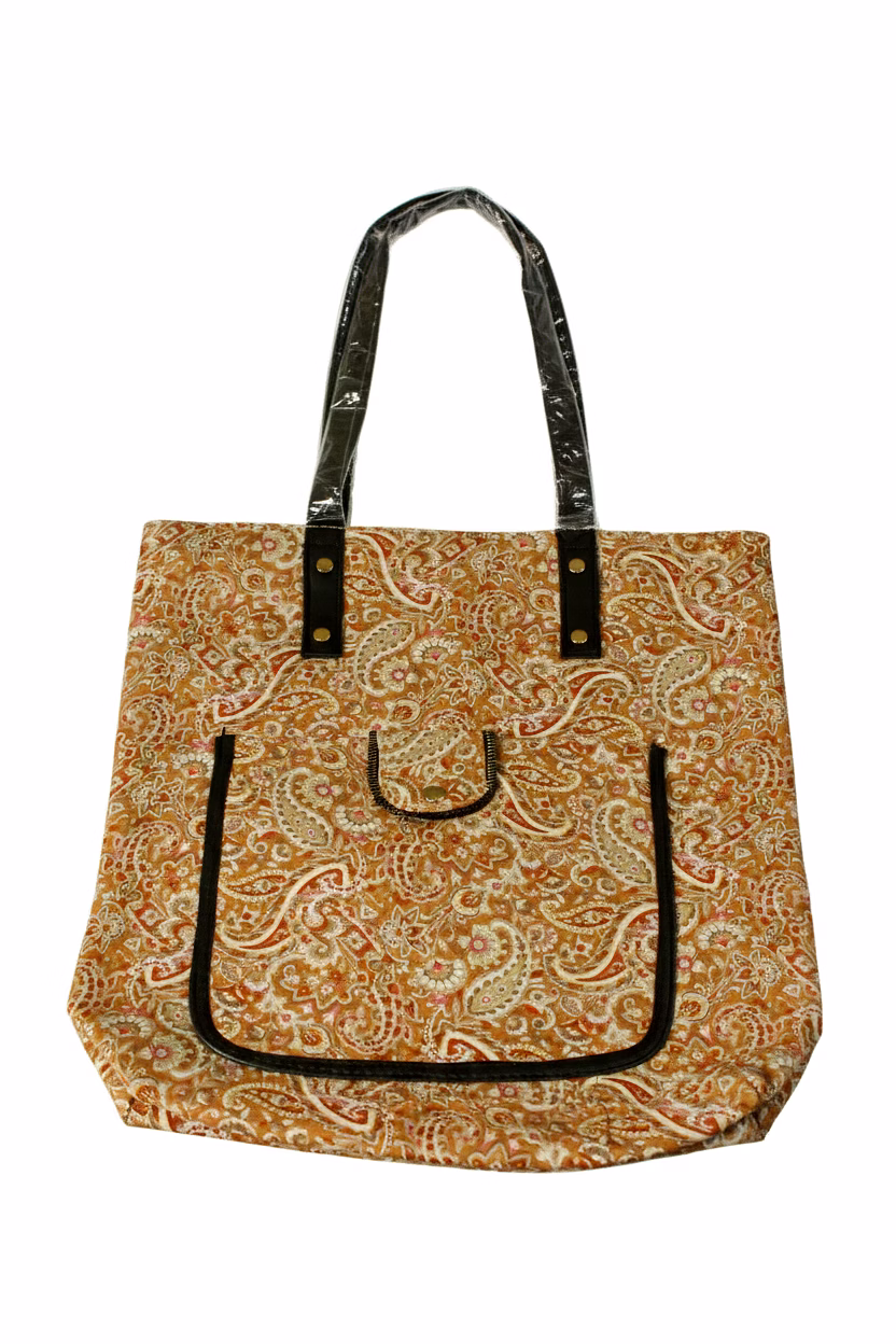 vintage boho paisley print canvas tote bag with exterior utility pocket