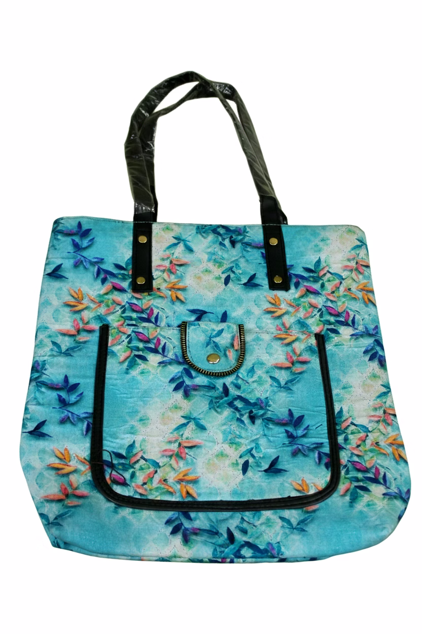 botanical breeze turquoise canvas tote bag with front utility pocket