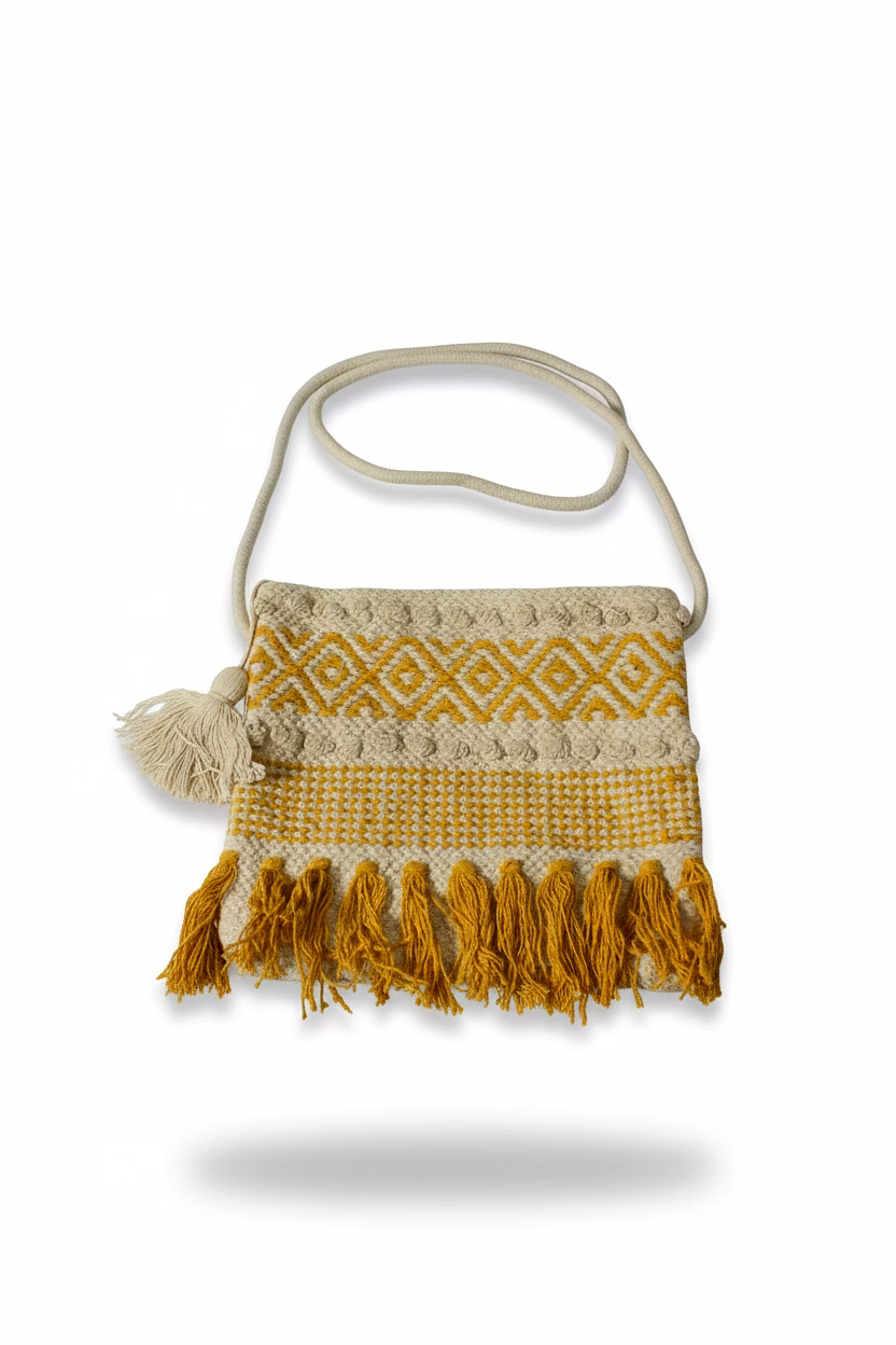handcrafted bohemian crossbody bag with geometric ochre patterns and tassel fringe