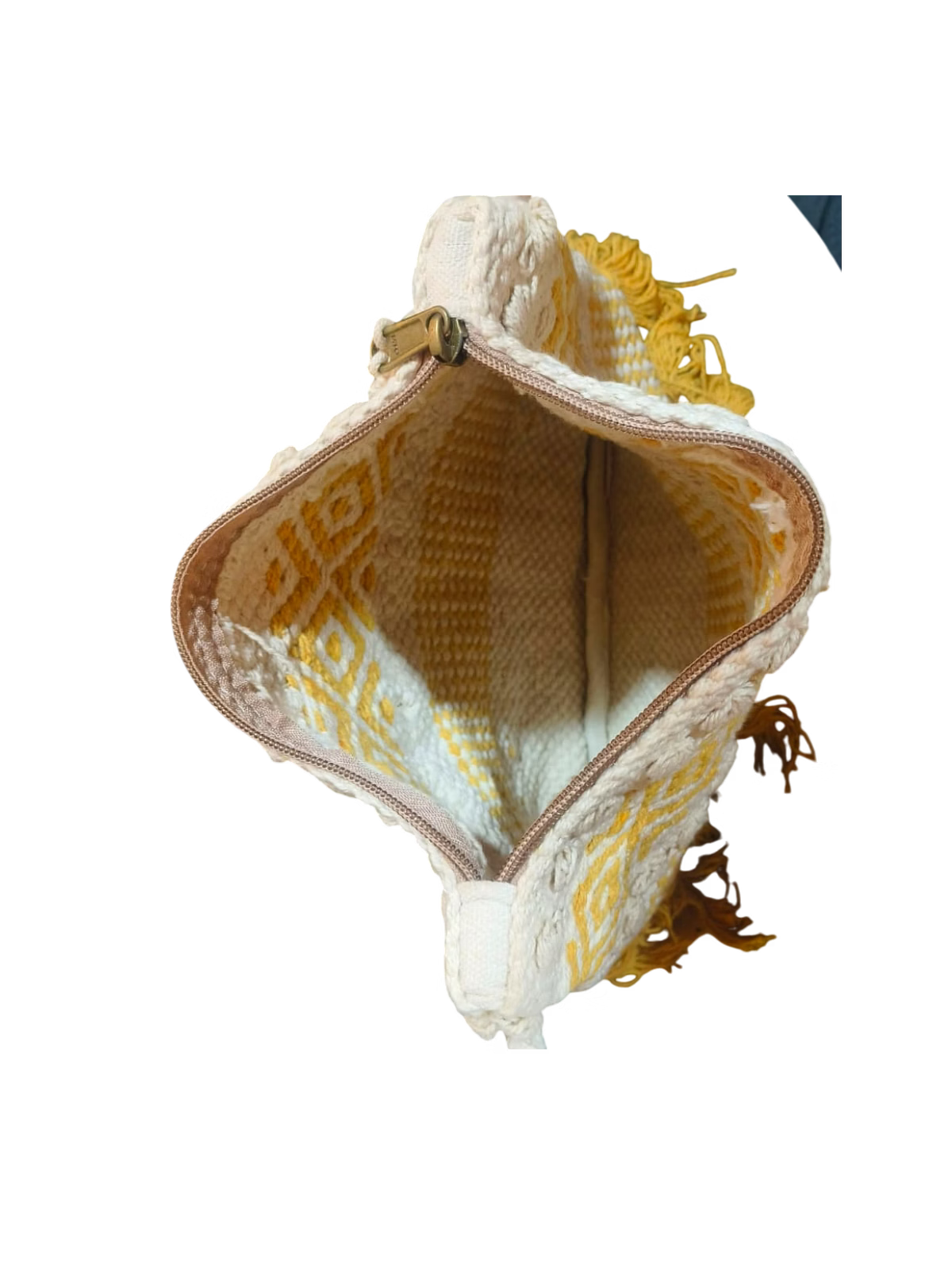 Handcrafted Bohemian Crossbody Bag with Geometric Ochre Patterns and Tassel Fringe image 2