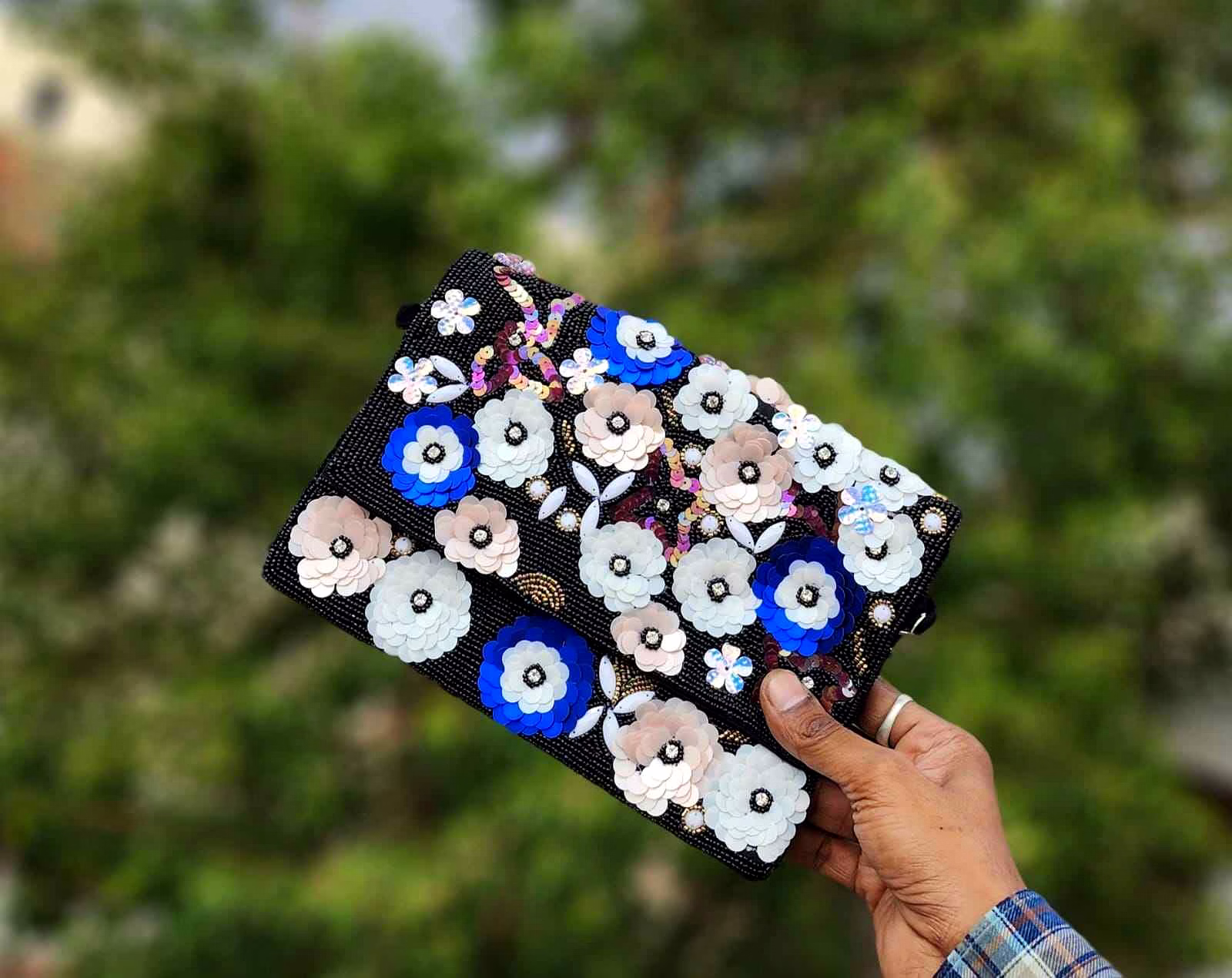 handmade sequin & beaded floral clutch bag