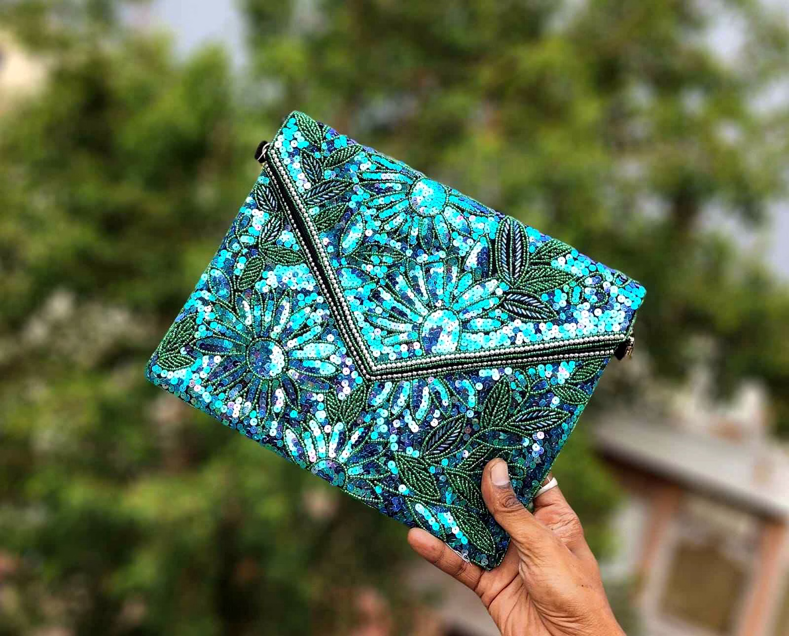 Handmade Sequin & Beaded Floral Clutch Bag image 3
