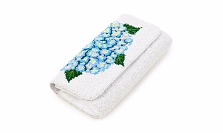 White half-barrel beaded clutch purse with a silver chain strap for women accessories