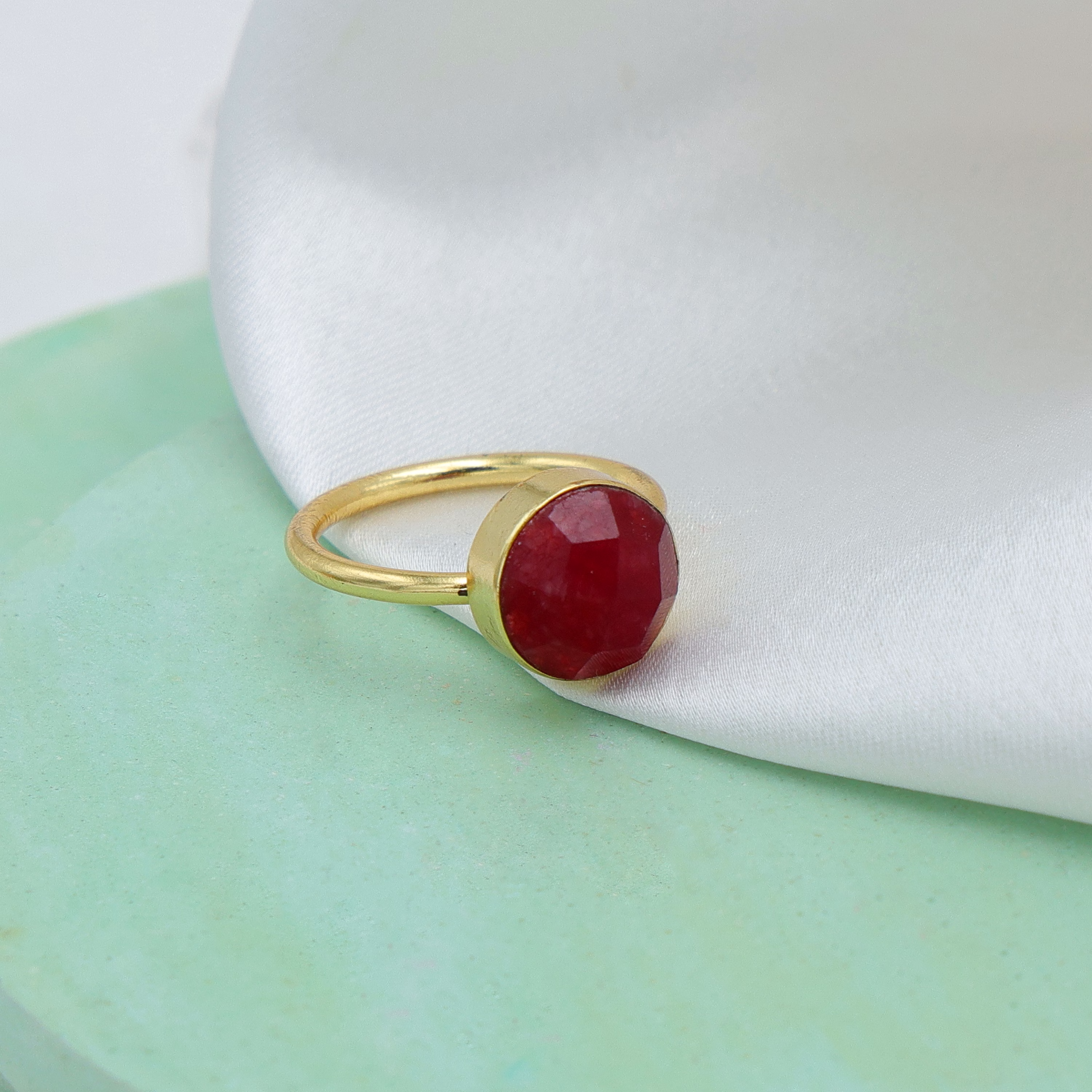 Dua Red Jade Round Ring – Handmade Gold-Plated Statement Jewelry for Women image 1