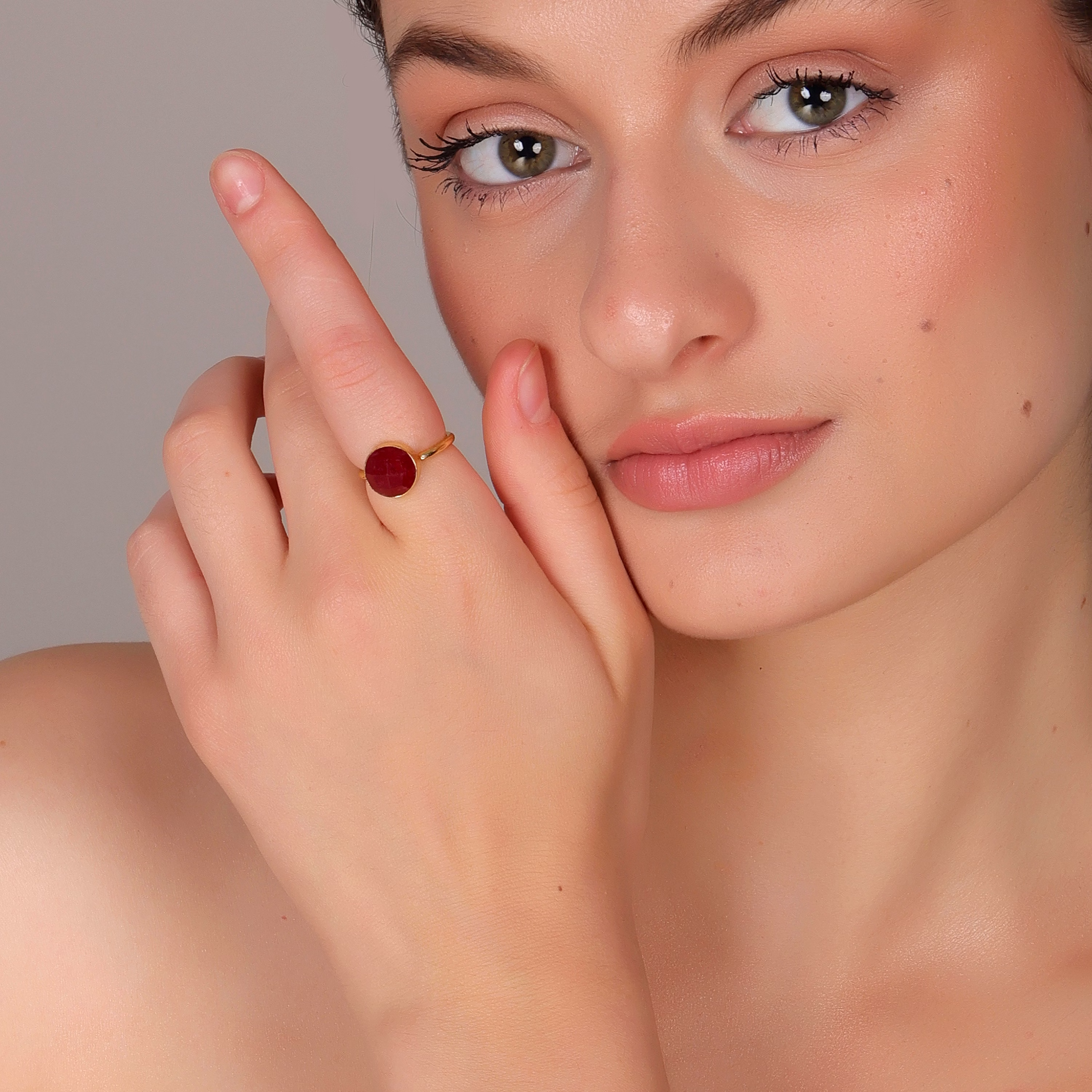 Dua Red Jade Round Ring – Handmade Gold-Plated Statement Jewelry for Women image 5