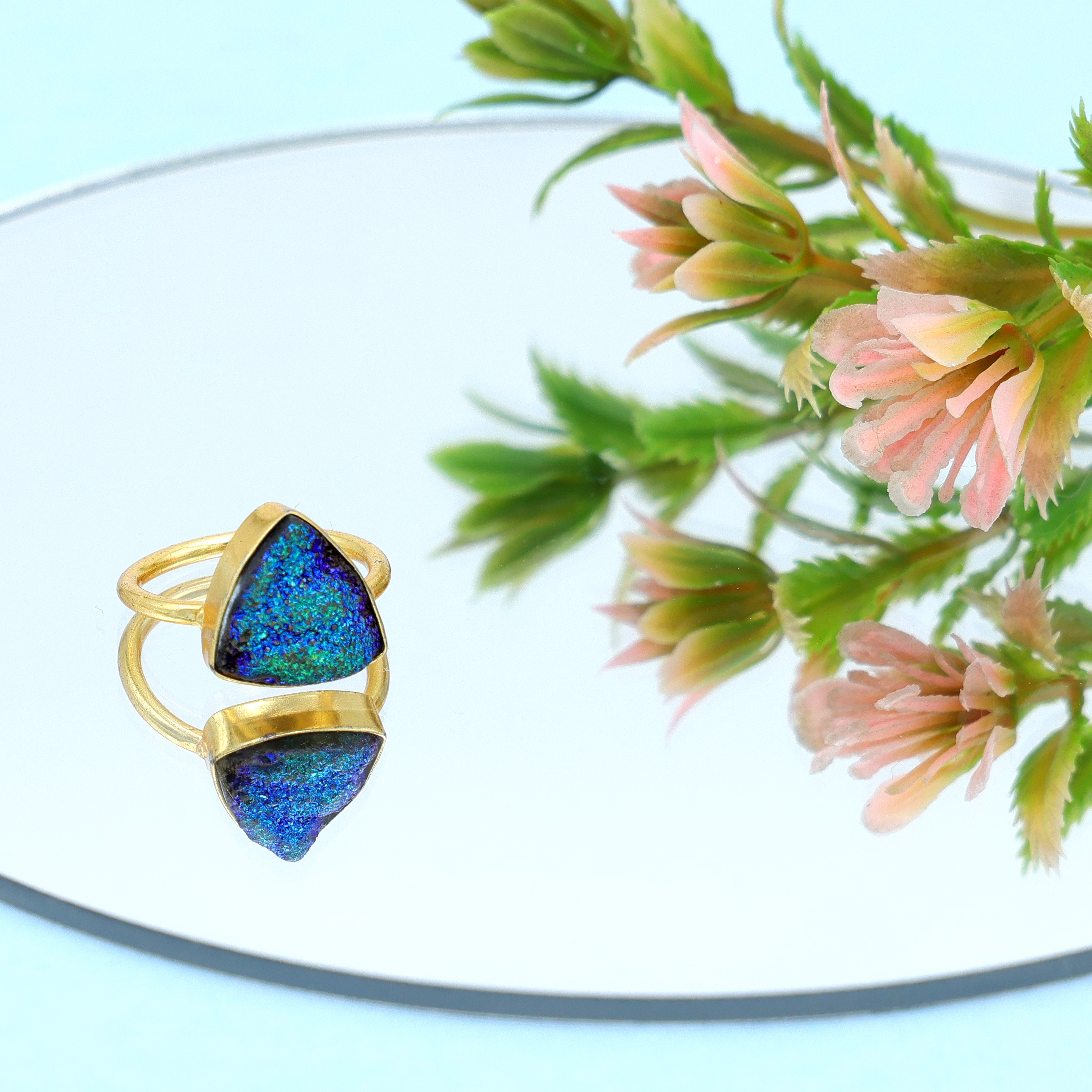 Dua Peacock Drusy Trillion Ring – Unique Multicolor Gemstone Statement Jewelry image 1