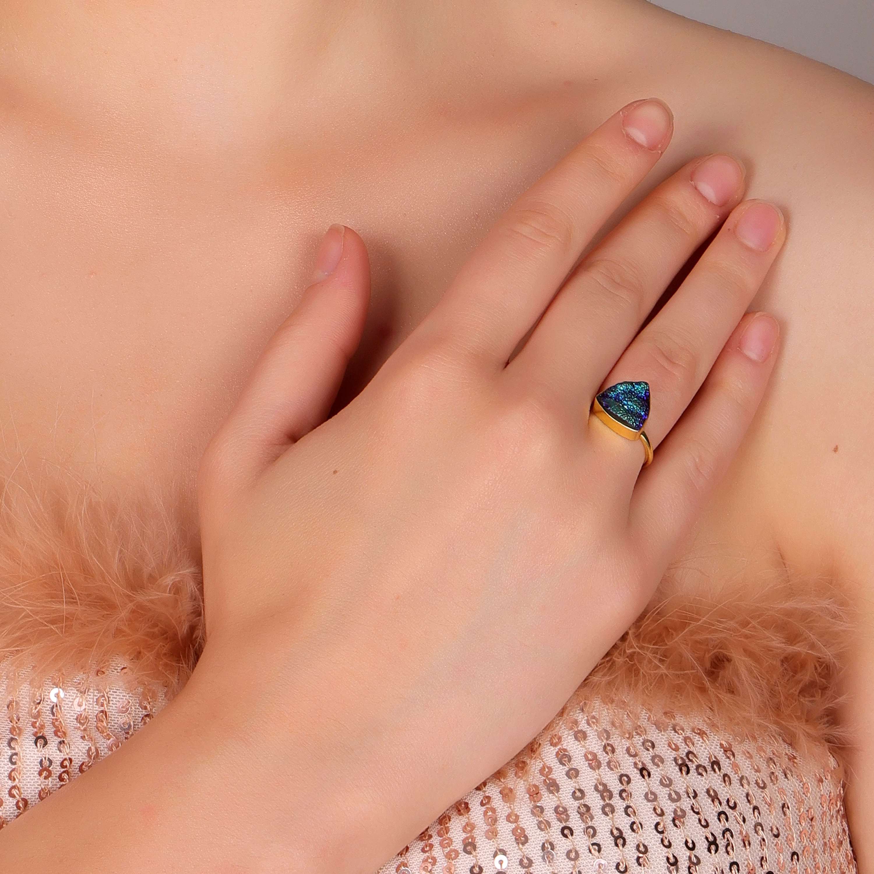 Dua Peacock Drusy Trillion Ring – Unique Multicolor Gemstone Statement Jewelry image 5