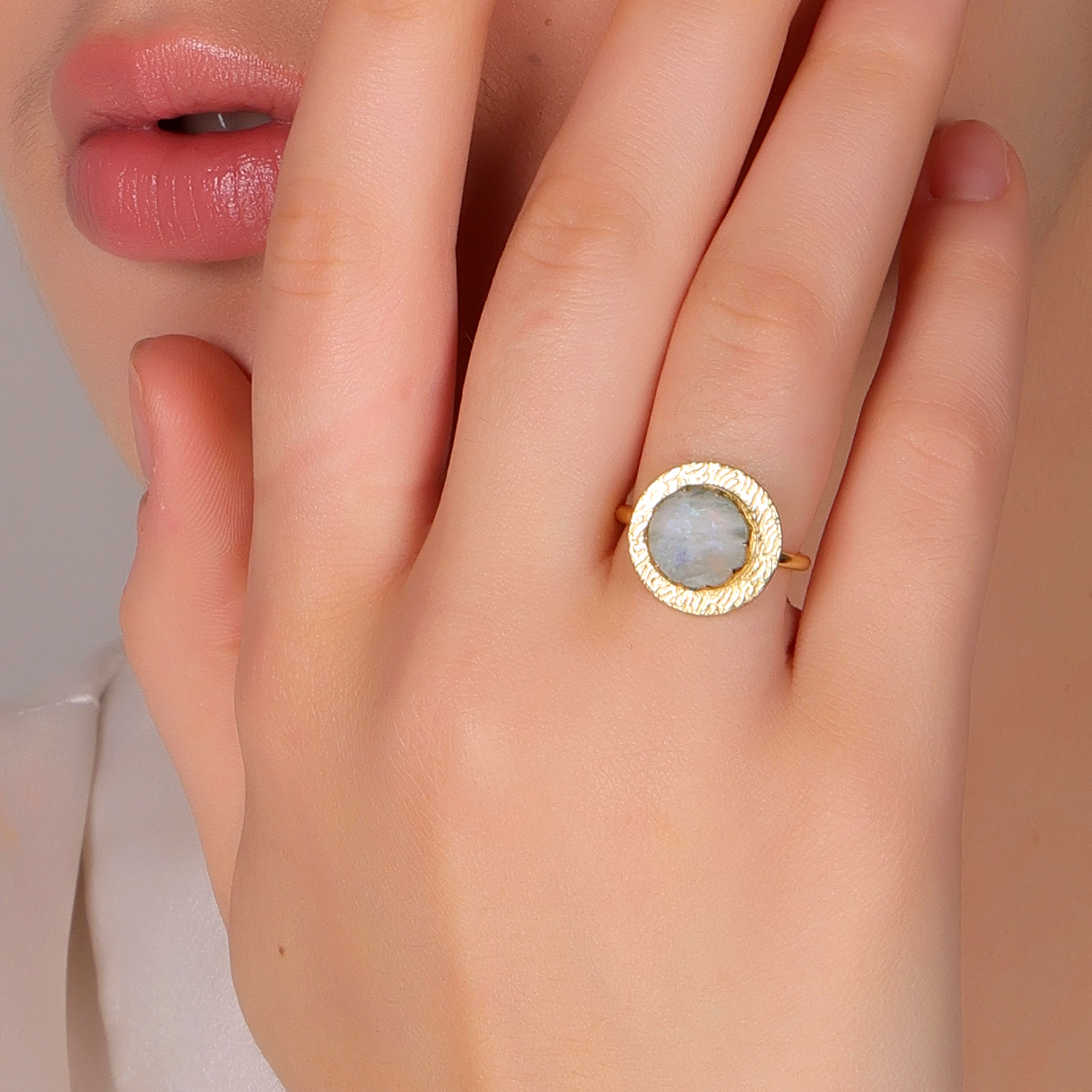 Dua Rainbow Moonstone Ring – Dazzling White Crystal Adjustable Gold-Plated Ring image 6