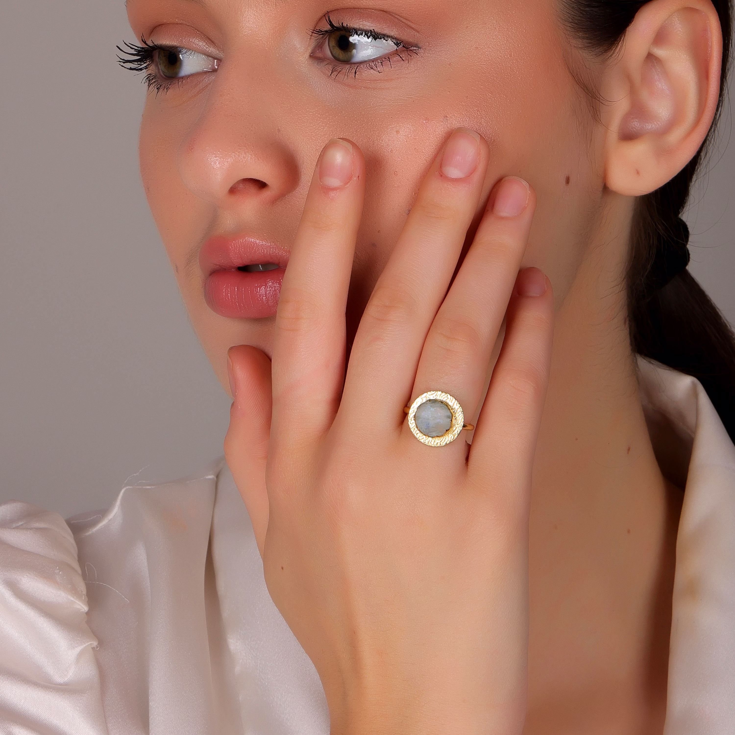 Dua Rainbow Moonstone Ring – Dazzling White Crystal Adjustable Gold-Plated Ring image 5