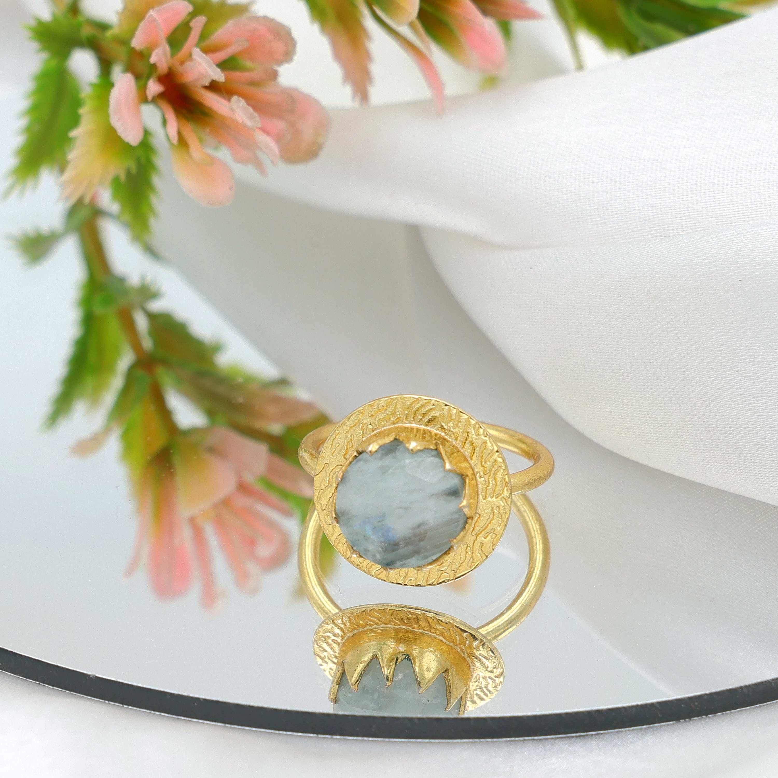 Dua Rainbow Moonstone Ring – Dazzling White Crystal Adjustable Gold-Plated Ring image 1
