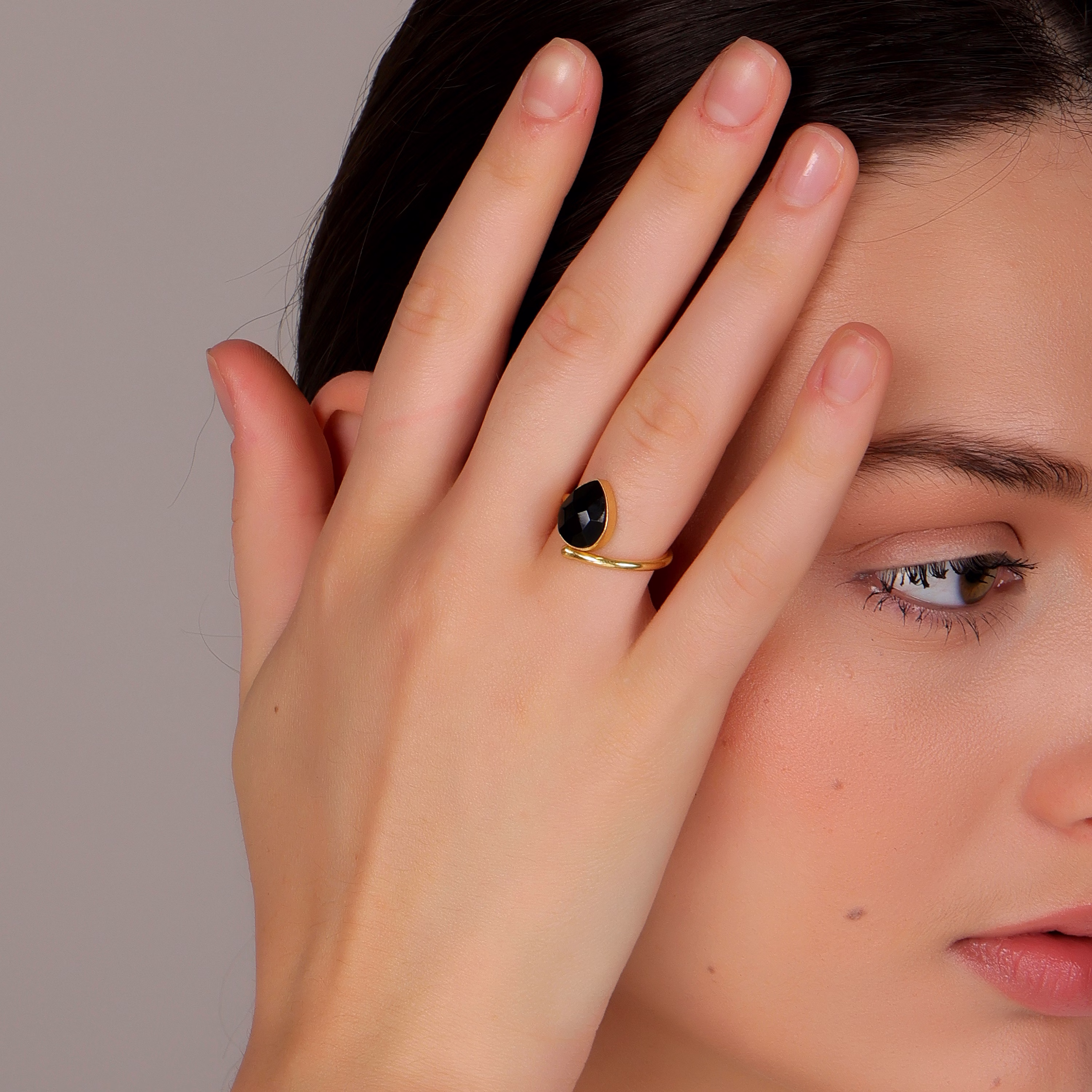 Dua Black Onyx Pear Ring – Statement Cocktail Ring, Gold-Plated Protective Jewelry image 6